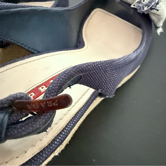 PRADA Navy Denim Bow Detail Logo Slingback Espadrille Wedge Sandals - Picture 7 of 12
